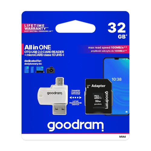 Goodram 32GB micro SD Class 10 memóriakártya adapterrel, kártyaolvasóval (M1A4-0320R12)